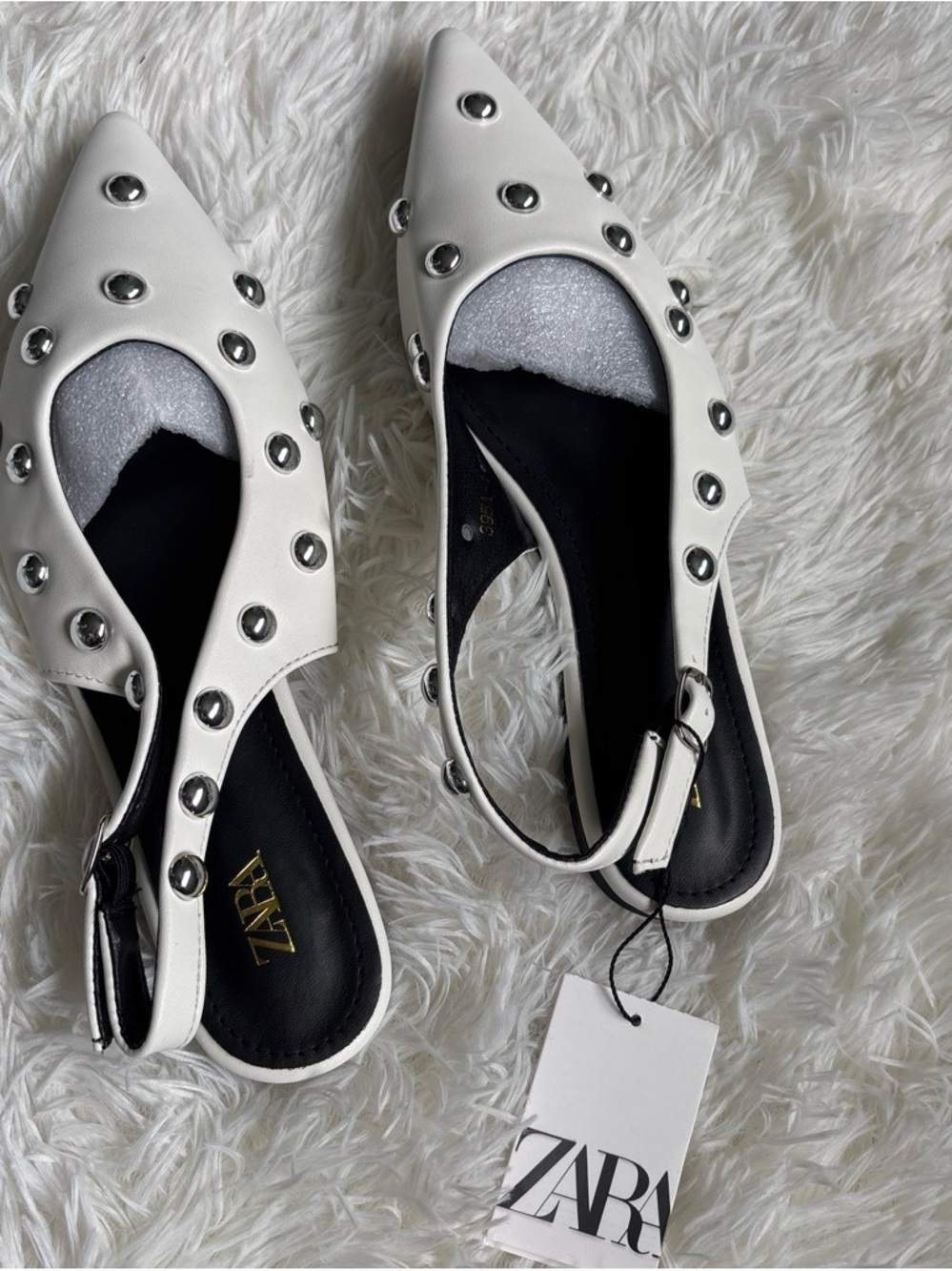 Zara White Pointed Slingback Flats with Silver Studs